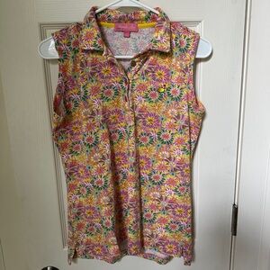 Sleeveless Floral Polo Top - Pink Multi